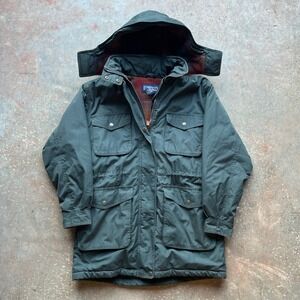 VTG Lands End Womens Parka Jacket Hooded Insulated Plaid Lined Green Size M